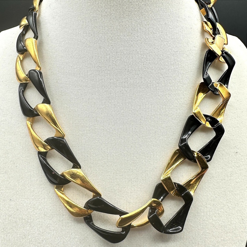 Vintage 90s Gold Tone Black Enamel Chunky Link Necklace Choker Statement Jewelry